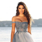 A-line Long Glitter Off-the-shoulder Gray Prom Evening Dresses
